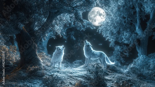 Two wolves howl at the moonlit forest photo
