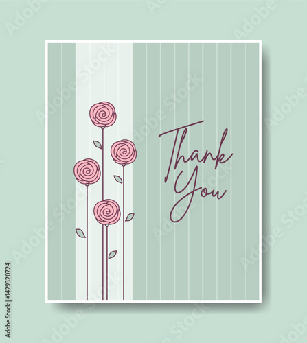 Thank you card illustration. Cute mint green greeting card with hand drawn roses. Can be used for mother's day, birthday, valentine's day, rose day.
