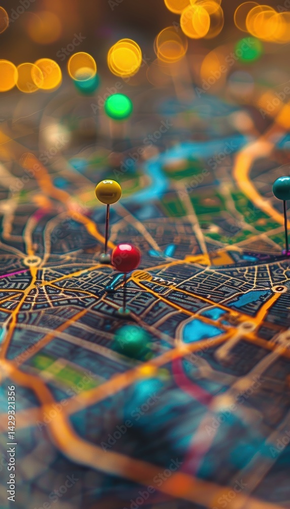 Colorful Pins Highlight Key Locations on Detailed City Map for Travel Planning