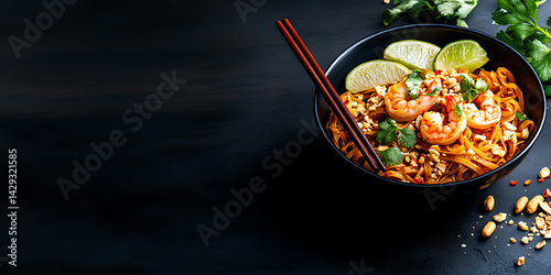 a bowl of pad thai with rice noodles, shrimp, bean sprouts, crushed peanuts, lime wedges, and a garnish of fresh cilantro, with chopsticks resting diagonally across the bowl, black backdrop, side view