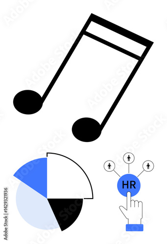 Musical note for artistic expression, pie chart for data visualization, hand selecting HR for recruitment. Ideal for creativity, data analysis, workforce management, team building, strategy, career