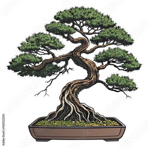 A dramatic close-up of an ancient bonsai tree with gnarled, twisted roots dramatically breaking the frame, showcasing intricate detail and texture.