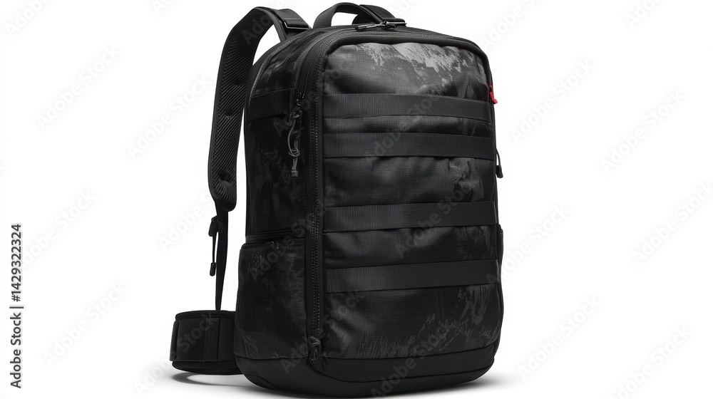 Fototapeta premium Premium black backpack with digital-inspired graphic elements, ergonomic design, and durable zippers, isolate on white background