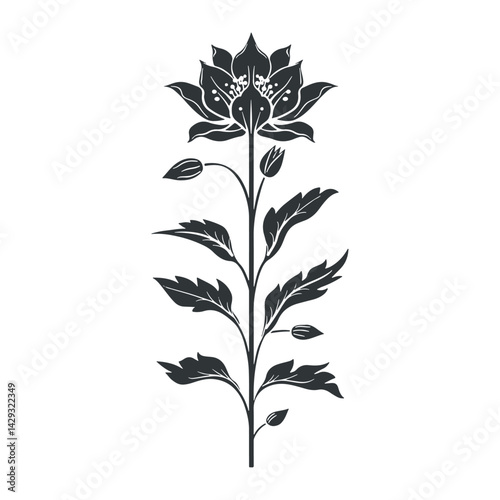 Vector linocut floral poster template. Modern trendy minimal style. Black and white colors. Botanical blockprint. Folk art design for wallpaper, wall decor, print, postcard, cover, template.