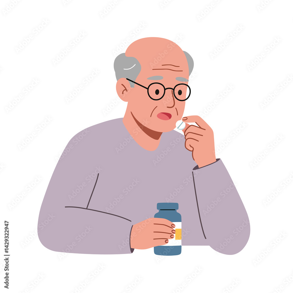 Senior man taking pills looking worried at home Senior man taking pills looking worried at home