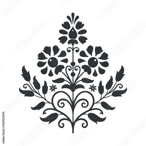 Vector linocut floral poster template. Modern trendy minimal style. Black and white colors. Botanical blockprint. Folk art design for wallpaper, wall decor, print, postcard, cover, template.