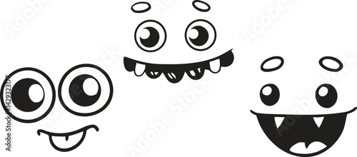 Set of Funny Cartoon Monster Faces Vector Illustrations - Cute and Playful
