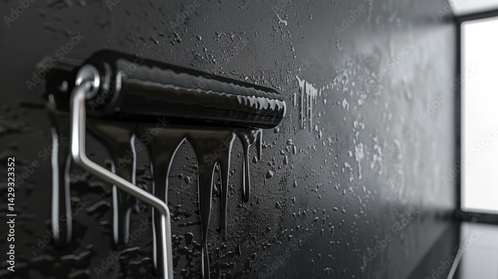 Macro Shot of Roller with Onyx Black Paint Enhancing Modern Loft Wall Vibe