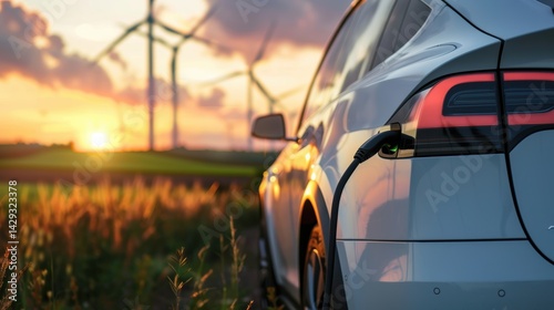 Modern EV Charging Amidst Wind Turbines at Sunset for Renewable Energy Solutions