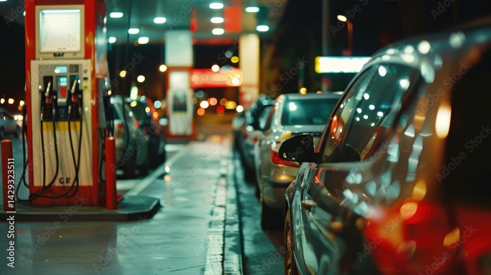 Urban Gas Station at Night with Multiple Vehicles and Drivers Refueling Cars under Bright Lights