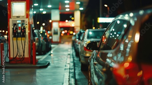 Obraz na płótnie Urban Gas Station at Night with Multiple Vehicles and Drivers Refueling Cars under Bright Lights w salonie