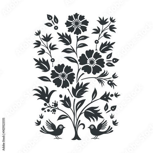 Vector linocut floral poster template with birds. Modern trendy minimal style. Black and white colors. Botanical blockprint. Design for wallpaper, wall decor, print, postcard, cover, template.