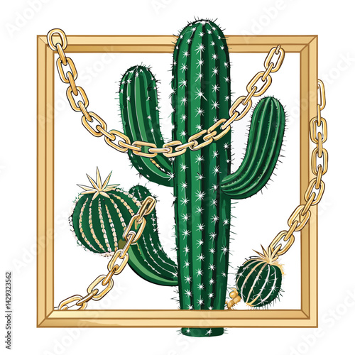 A majestic saguaro cactus, adorned with gold grillz and chunky chains, framed by a golden border.  Highly detailed, realistic, vibrant colors.