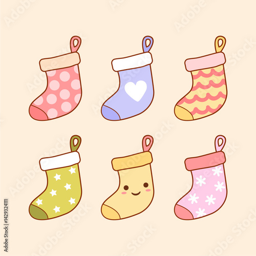 collection of colorful decorated christmas socks, cute christmas stocking illustration