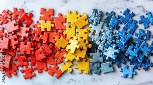 Colorful puzzle pieces on a marble surface. Top-down view