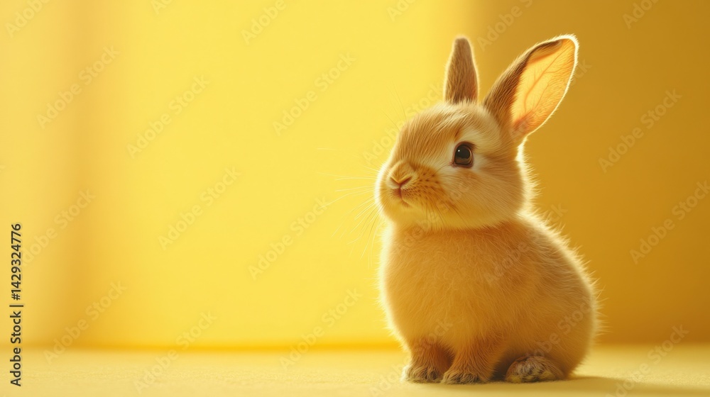 Cute brown bunny with soft fur, against a pale yellow plain backdrop Cute brown bunny with soft fur, against a pale yellow plain backdrop