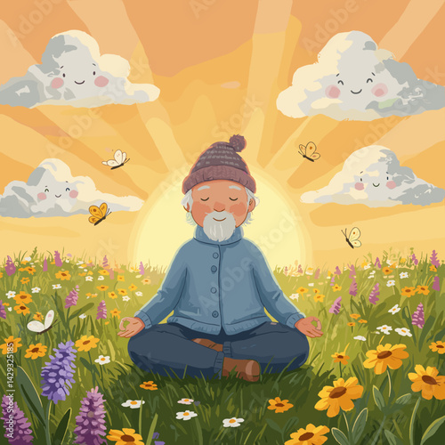 Elderly man meditating peacefully in a vibrant flower field  