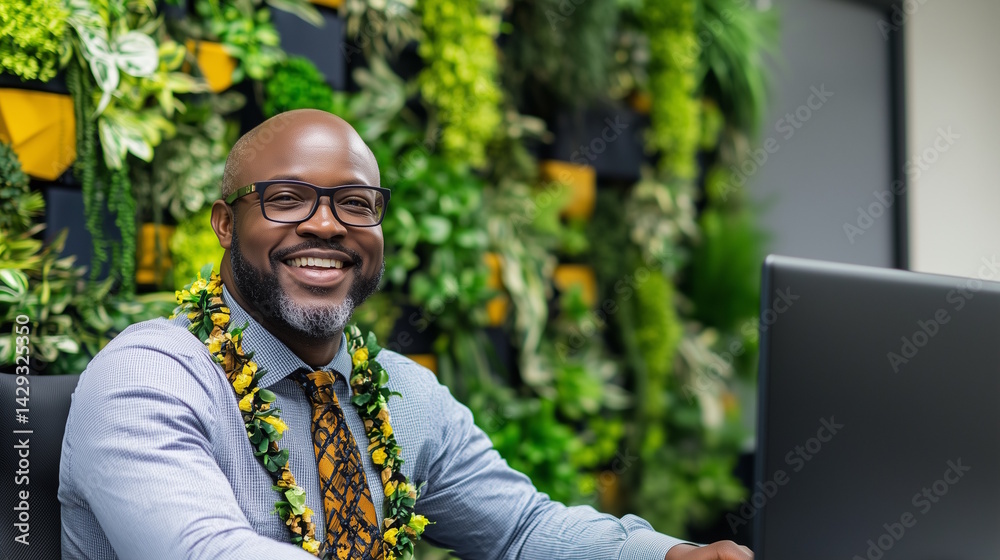 Smiling man in a suit with glasses, surrounded by greenery in a modern office environment.