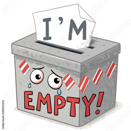 A sad, cartoon ballot box, gray in color, with a tear rolling down its side, saying "I'm empty!" in a distressed font.