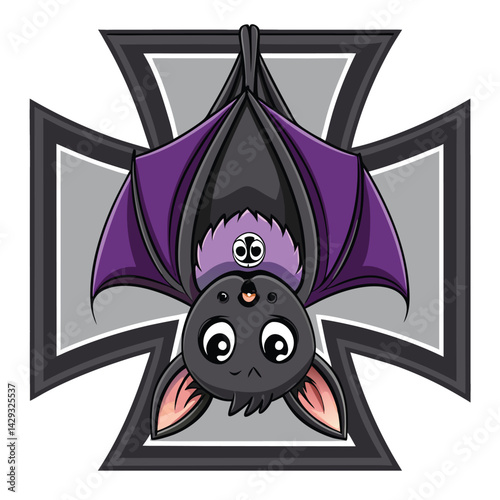 A cute cartoon bat, playfully hanging upside down within a rusty iron cross, against a white background.