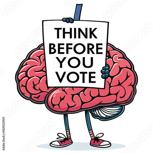 A cartoon brain holding a protest sign reading "Think Before You (1)"  with a furrowed brow, expressing concern.  Create a vibrant, expressive illustration.