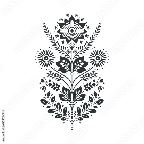 Vector linocut floral poster template. Modern trendy minimal style. Black and white colors. Botanical blockprint. Folk art design for wallpaper, wall decor, print, postcard, cover, template.