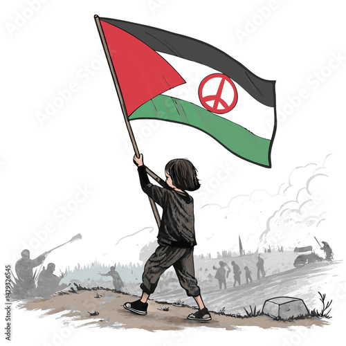 A cartoon child bravely holds a peace flag amidst a chaotic battlefield,  contrasting innocence with war's harsh reality.