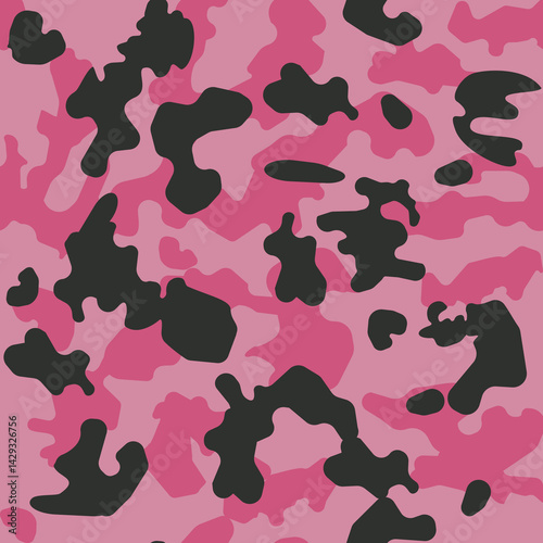 Camouflage pattern for with three colors. Inserted heart shape. Pink,  Black, Military, monochrome, camouflage, seamless. Vector