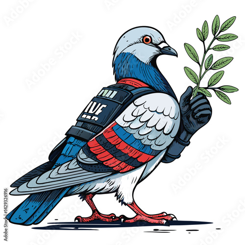 A cartoon dove, clad in riot gear, protectively clutching an olive branch.  Illustrate peaceful protest amidst chaos.