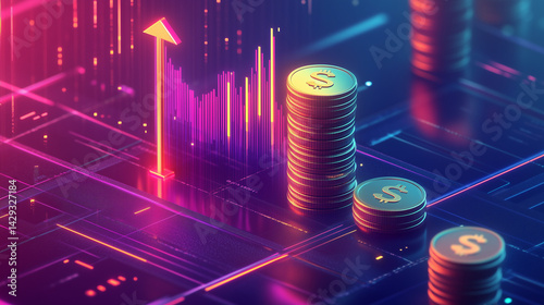 Illustration of an upward trend and financial chart showing growth, with stacks of gold coins at the base. Financial success concept, vector style, isometric or flat design, highly detailed, business 