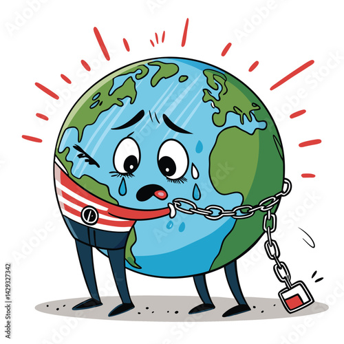 Cartoon Earth, teary-eyed and handcuffed, bound by a grasping politician's hand.  Depict environmental exploitation.