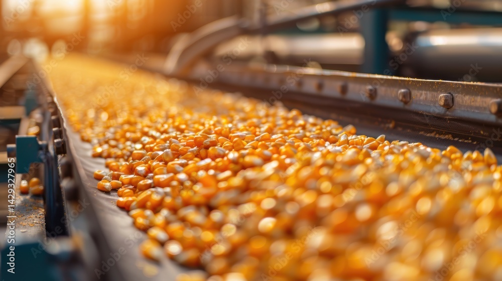 Conveyor Belts Transporting Corn Kernels for Ethanol Processing in Industrial Setting