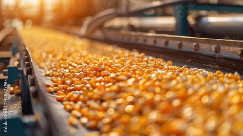 Obraz na płótnie Conveyor Belts Transporting Corn Kernels for Ethanol Processing in Industrial Setting w salonie