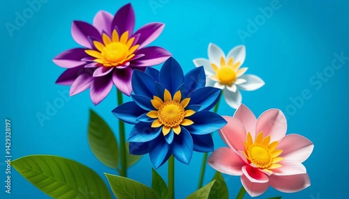 Colorful Flowers with Green Leaves Against a Blue Background Featuring Purple, Blue, White, and Pink Blooms with Yellow Centers

