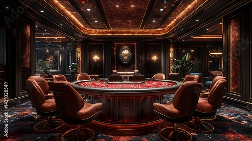 Stylish Casino Room with High-End Gaming Table and Plush Seating Photo