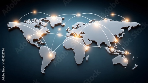 A glowing holographic network spanning continents on a dark world map with linking lines and data nodes pulsing in blue light