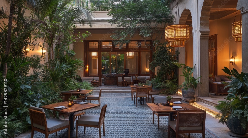 Fototapeta premium A high-end hotel courtyard is immersed in the lush greenery of its surrounding garden and features patterned tiles on all four sides