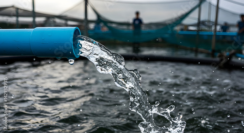Water Flowing from Blue Pipe into Pond Used for Aquaculture and Agriculture in an Outdoor Blurred Setting
