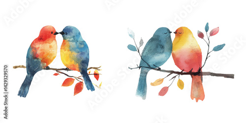 abstract color silhouette of couple birds watercolor vector illustration