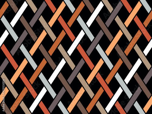 Geometric grid of intersecting multicolored diagonal lines on a black background. Seamless repeating pattern. Abstract vector illustration.