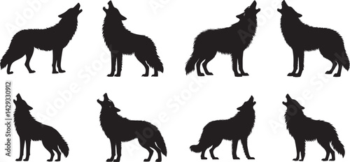 Bundle of howling wolves in silhouette vector illustration