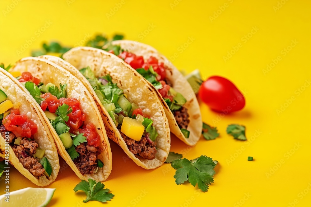 Authentic Mexican tacos on a vibrant yellow background Authentic Mexican tacos on a vibrant yellow background