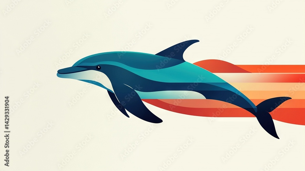 Fototapeta premium A dolphin leaps from the water with an orange-blue wave emanating from its backside