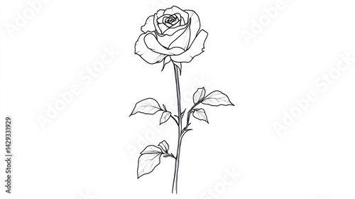 Delicate line art drawing of a rose in bloom against a blank background