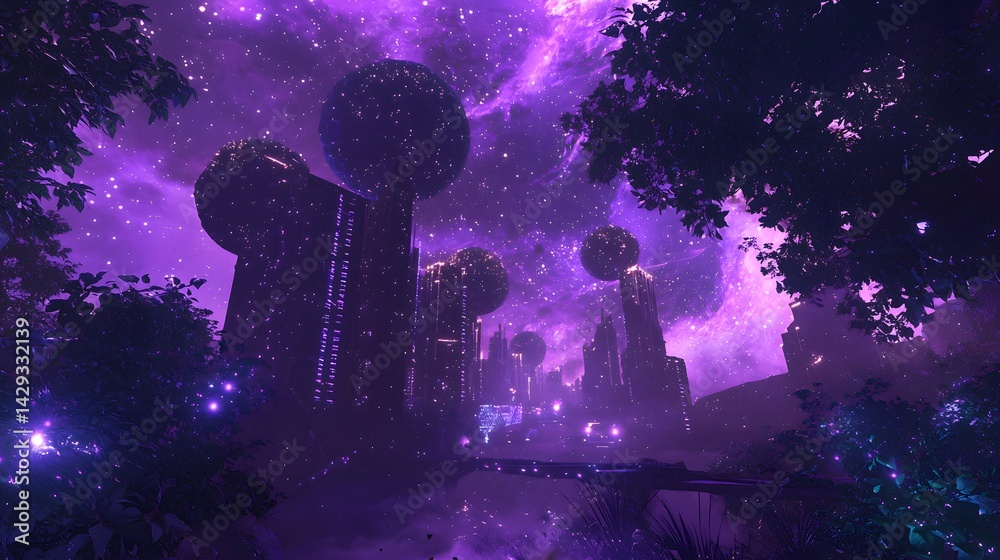 Obraz premium Futuristic Cityscape Under Starry Purple Sky with Lenient Structures