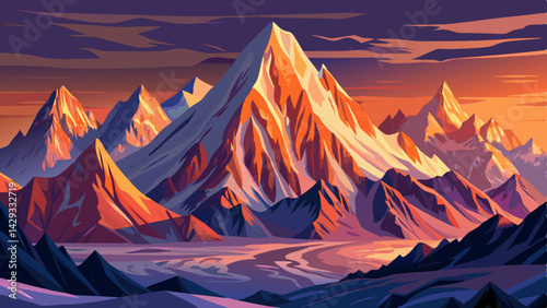 Very beautiful ,Panoramic view of beautiful snowy Masherbrum peak in Karakoram mountain range during sunset light 