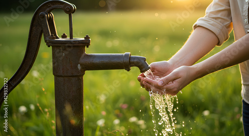 Woman Cupping Hands under Rusty Water Pump at Sunset in Grassy Field with Glimmering Light