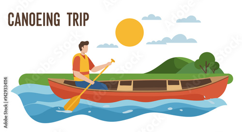 Canoeing Trip - Person paddling a canoe on a sunny river landscape  