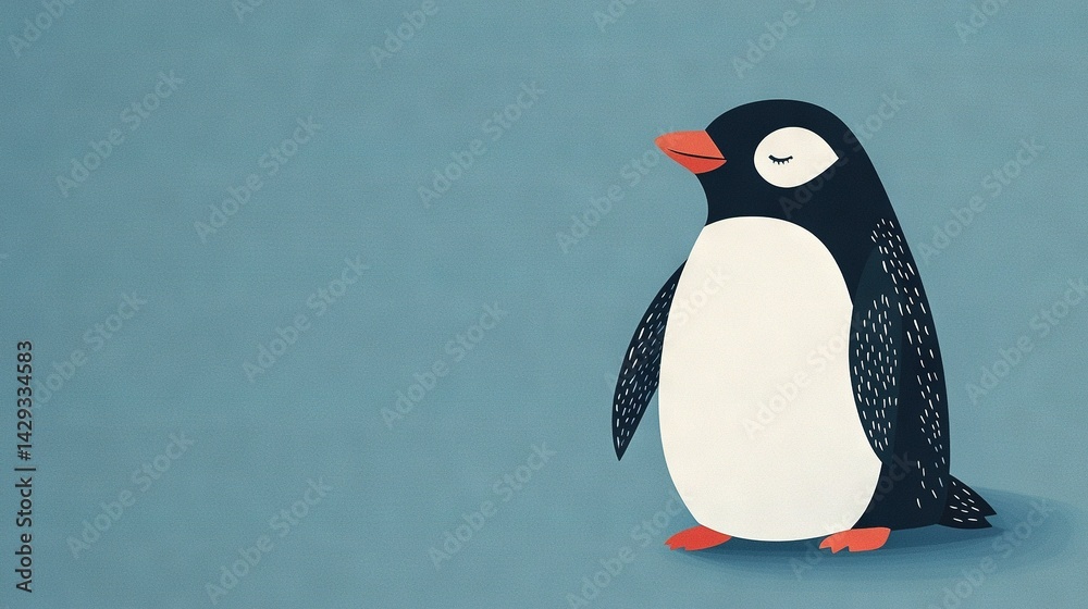Fototapeta premium A black and white penguin with a red beak and a white face stands on a blue background
