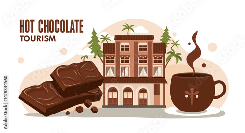 Hot Chocolate Tourism - Cozy Chocolate Drink with House and Trees  